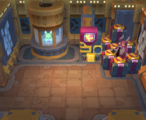 A lively room featuring a Coliseum ticket booth, a Coliseum Rewards Supervisor, and a Krogmo Alchemy Machine.