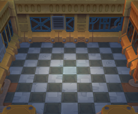 An empty Guild Hall room with a checkerboard pattern on the floor.